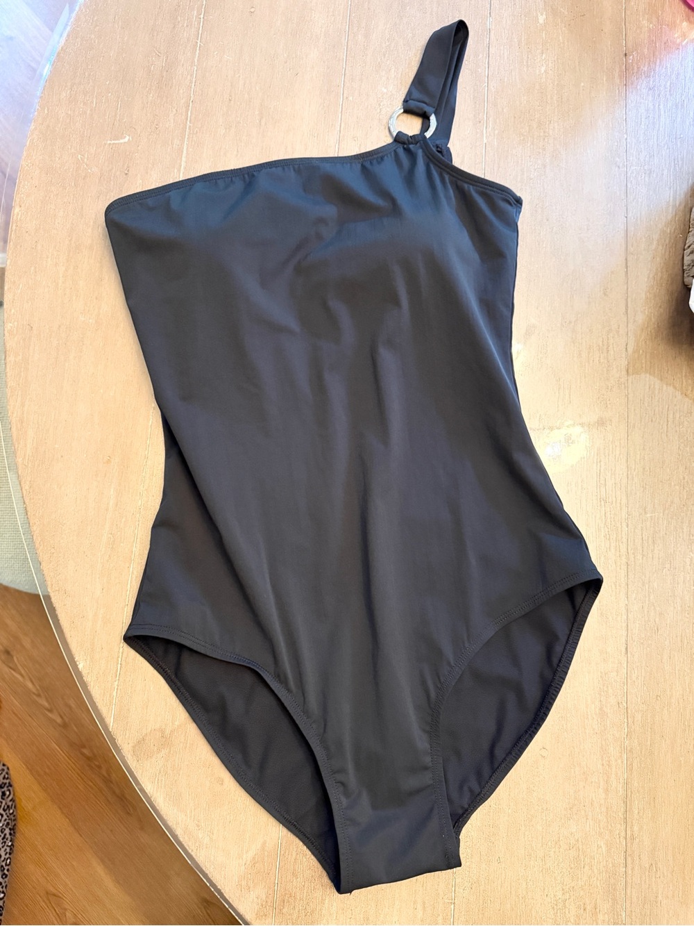 ASSETS by Sara Blakely Black One-Shoulder Swimsuit with Silver Ring Size L